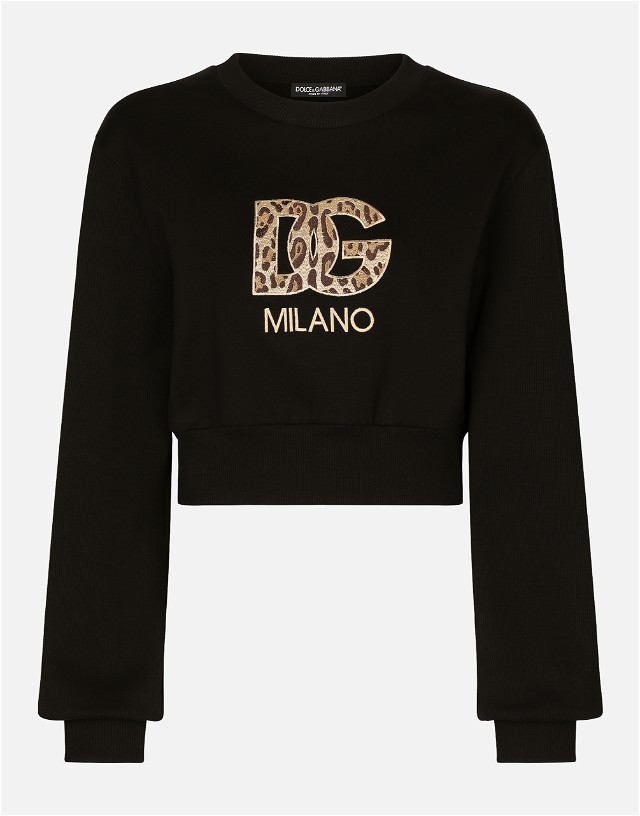 Cropped Jersey Sweatshirt With Embroidered Dg Patch - Woman T-shirts And Sweatshirts Black Cotton 3