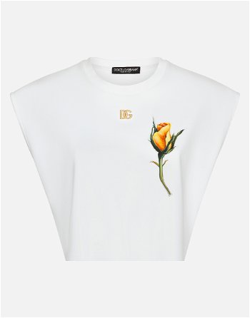 Dolce & Gabbana Cropped Jersey T-shirt With Dg Logo And Rose-embroidered Patch F8U68ZG7G9AW0800