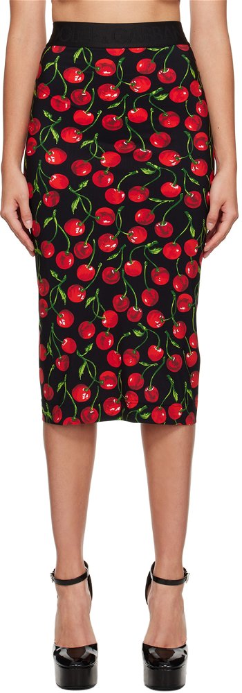 Dolce & Gabbana Black & Red Cherry Midi Skirt F4COCT FSG54